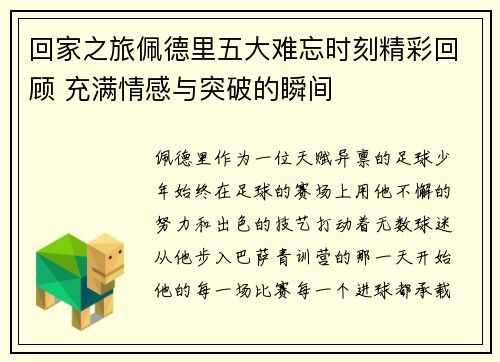 回家之旅佩德里五大难忘时刻精彩回顾 充满情感与突破的瞬间