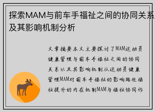 探索MAM与前车手福祉之间的协同关系及其影响机制分析