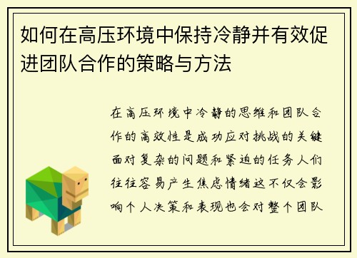 如何在高压环境中保持冷静并有效促进团队合作的策略与方法